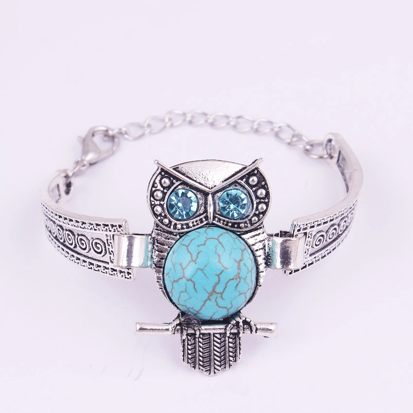 Turquoise Imitation Thai Silver Owl Bracelet