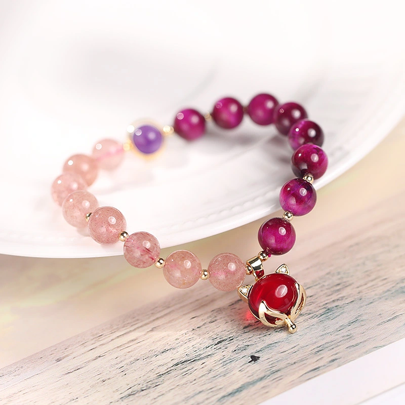  New Original Two-Color Sandwich Crystal Bracelet Female Rose Red Tiger Eye Stone Strawberry Crystal Amethyst Couple Bracelet