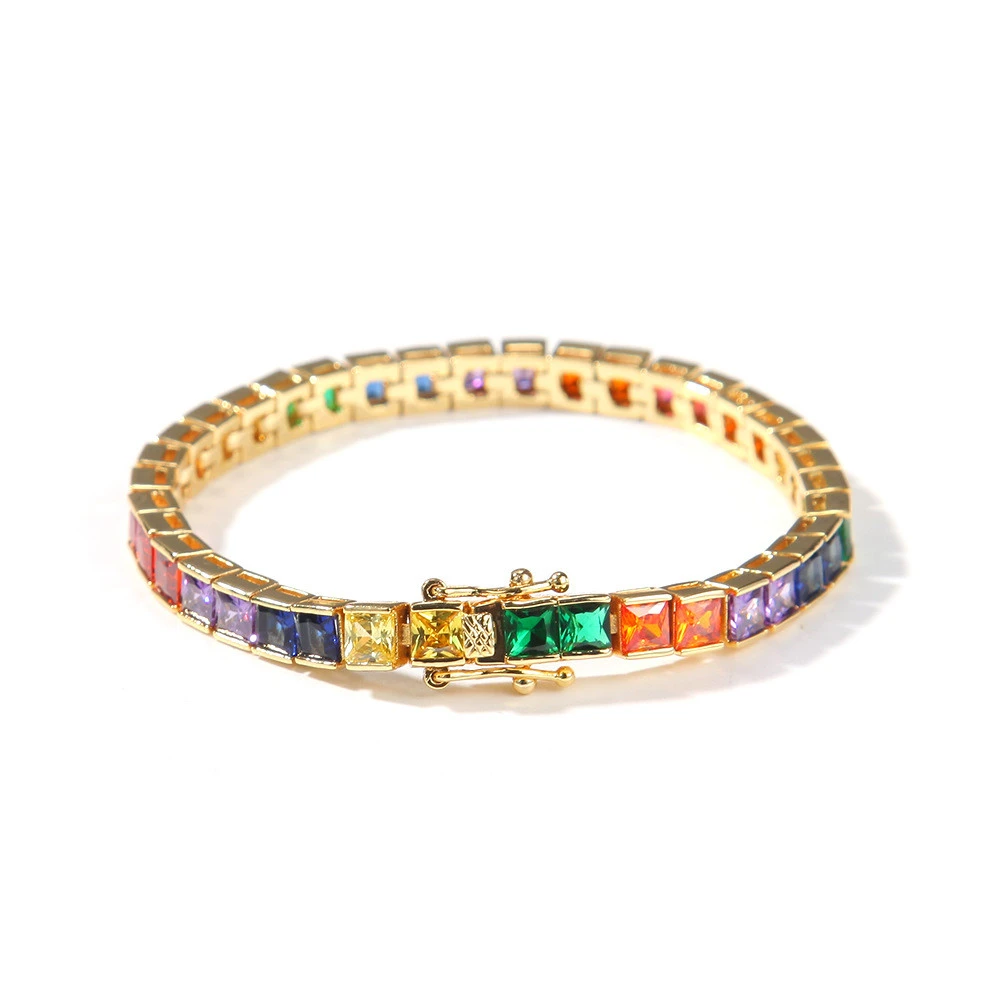 European And American Simple Hip-hop Bracelet Star Same Style Copper Inlaid Colorful Square Zircon Trendy Bracelet Tennis Chain