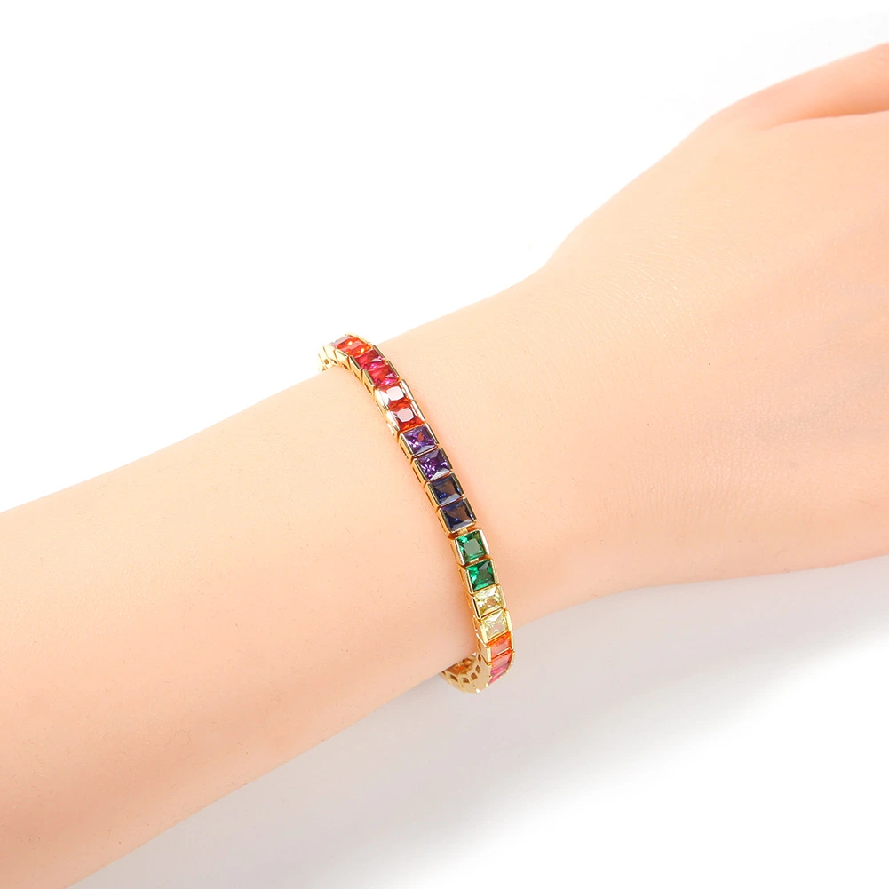 European And American Simple Hip-hop Bracelet Star Same Style Copper Inlaid Colorful Square Zircon Trendy Bracelet Tennis Chain
