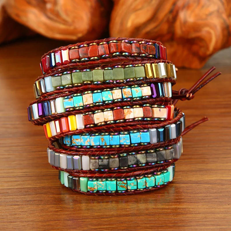 Chakra Bracelet Jewelry Handmade Multi Color Natural Stone Tube Beads Leather Wrap Bracelet Couples Bracelets Creative Gift