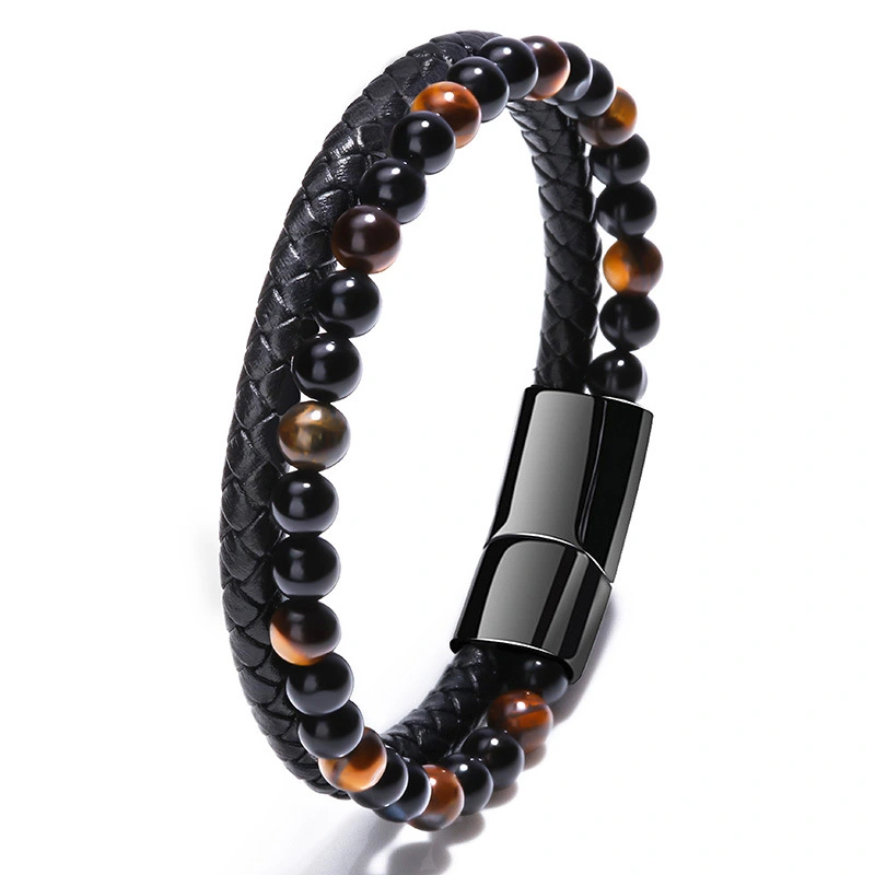 Fashion Mixed Color Natural Volcanic Stone Bracelet Real Cowhide Woven Men's Bracelet