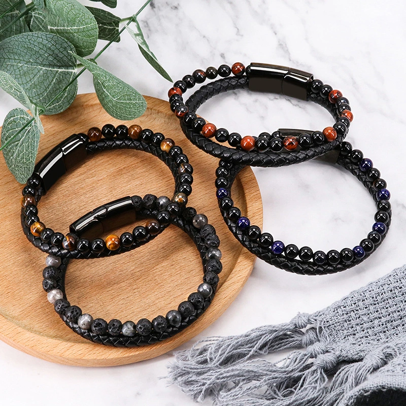 Fashion Mixed Color Natural Volcanic Stone Bracelet Real Cowhide Woven Men's Bracelet