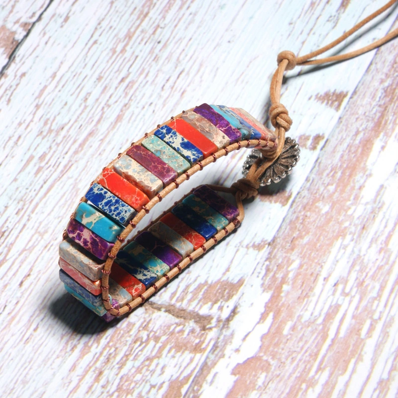 Single Layer Colorful Beaded Bracelet Colorful Natural Stone Woven Leather Bracelet