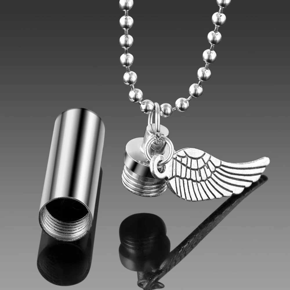 Stainless steel cylinder with wing perfume bottle Pendant cylinder casket commemorative Pendant 