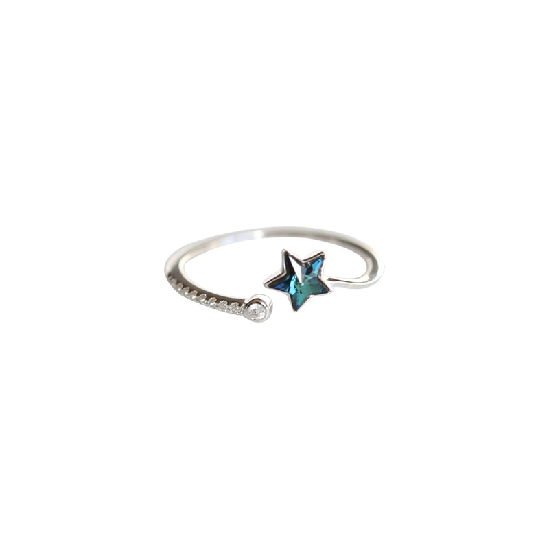 Fashion European And American Deep Sea Blue Ring Five-pointed Star Crystal Inlaid Zircon