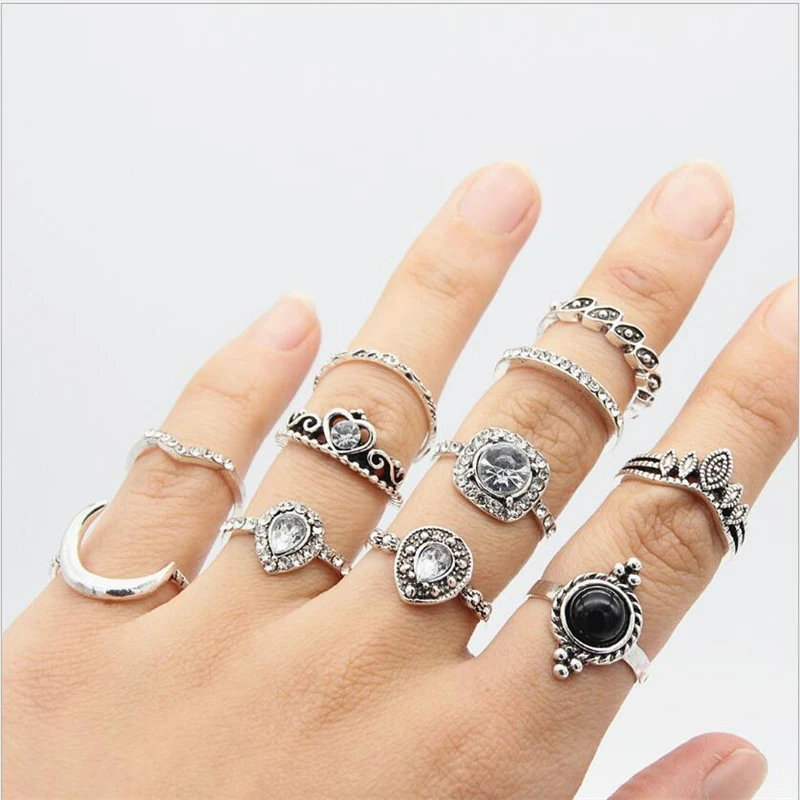 Vintage Diamond Black Gem Ring Geometry 11 Piece Set Ring Ring Jewelry