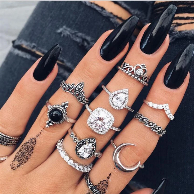 Vintage Diamond Black Gem Ring Geometry 11 Piece Set Ring Ring Jewelry