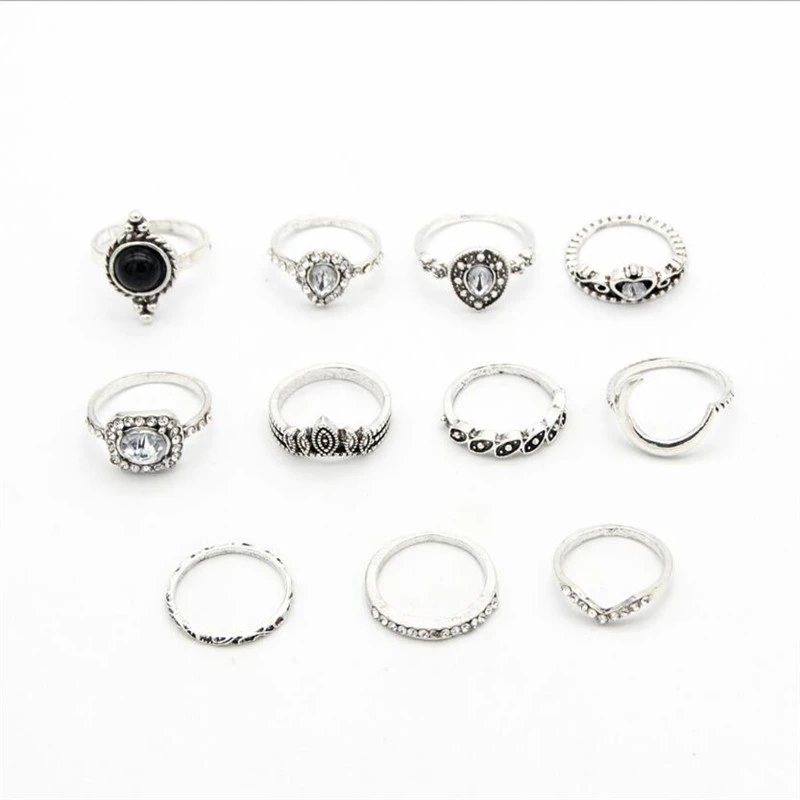 Vintage Diamond Black Gem Ring Geometry 11 Piece Set Ring Ring Jewelry