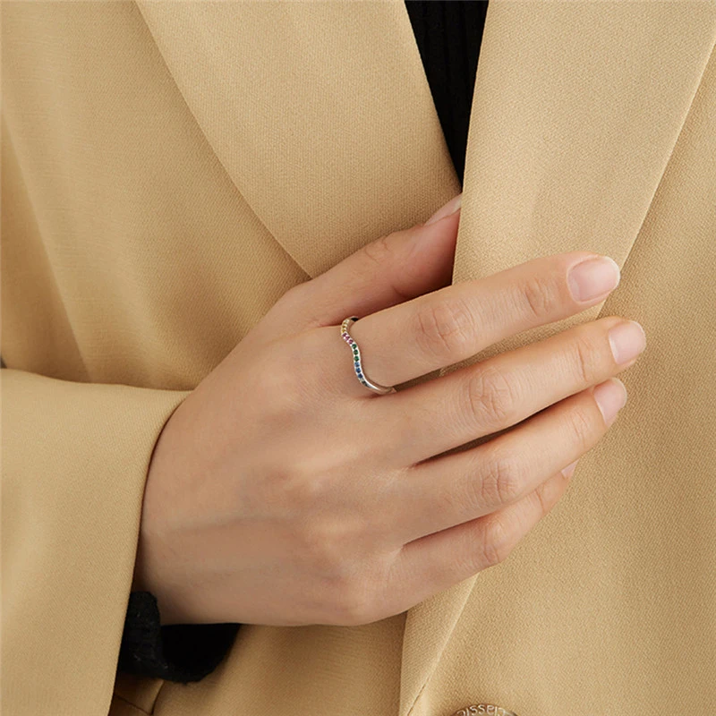 S925 Sterling Silver Ring Female Simple Cute Style Color Zircon Ring