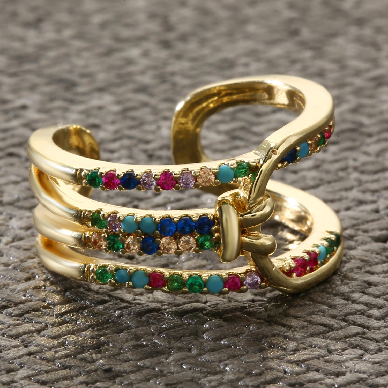 Colorful Micro-Inlaid Zircon Geometric Ring