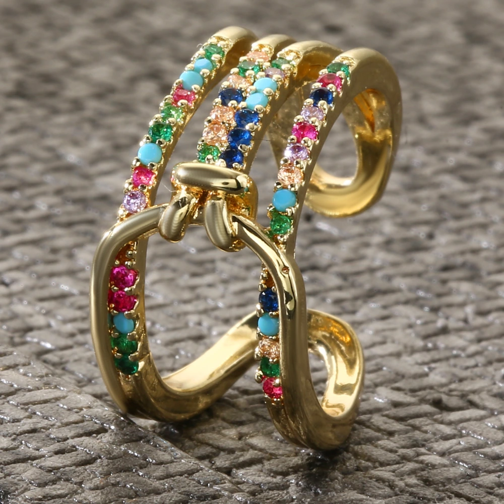 Colorful Micro-Inlaid Zircon Geometric Ring