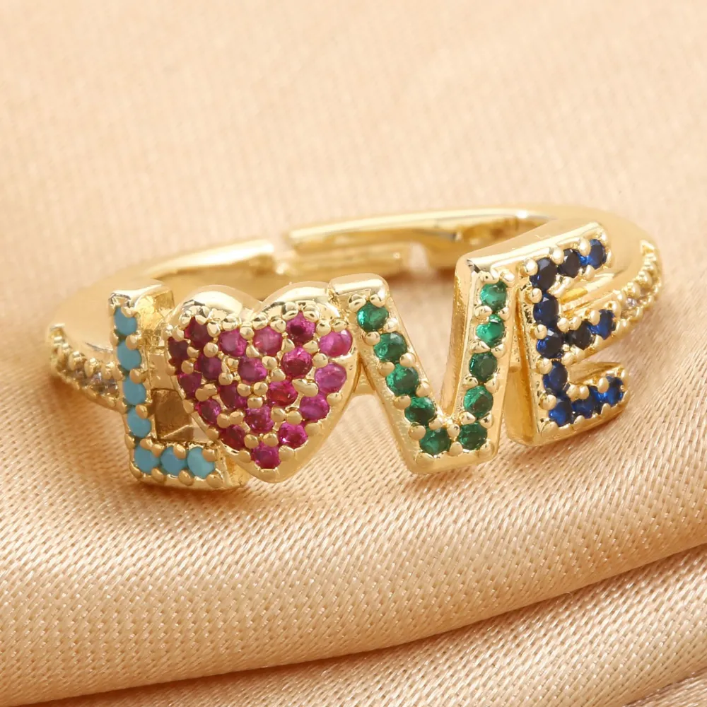 Sweet Micro-Inlaid Color Zircon Love Love Ring Female Fashion Romantic Ring Ring