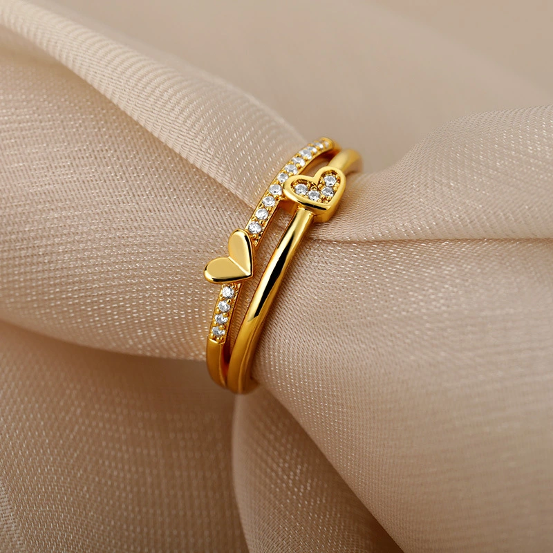 Simple Gold Double Layer Small Love Ring Ladies Heart-Shaped Ring Ins Wind Micro-Inlaid Zircon Ring Cross-Border Jewelry