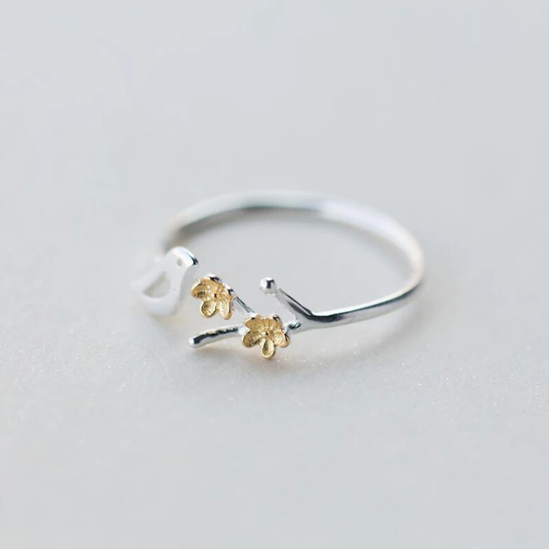 S925 Silver Bird Flower Ring Golden Flower Branch Ring