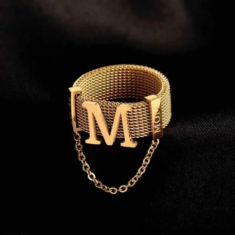 Letter M Chain Ring Female Titanium Steel Does Not Fade Ins Fashion Personality Simple Net Red Design Sense Ring Female New
