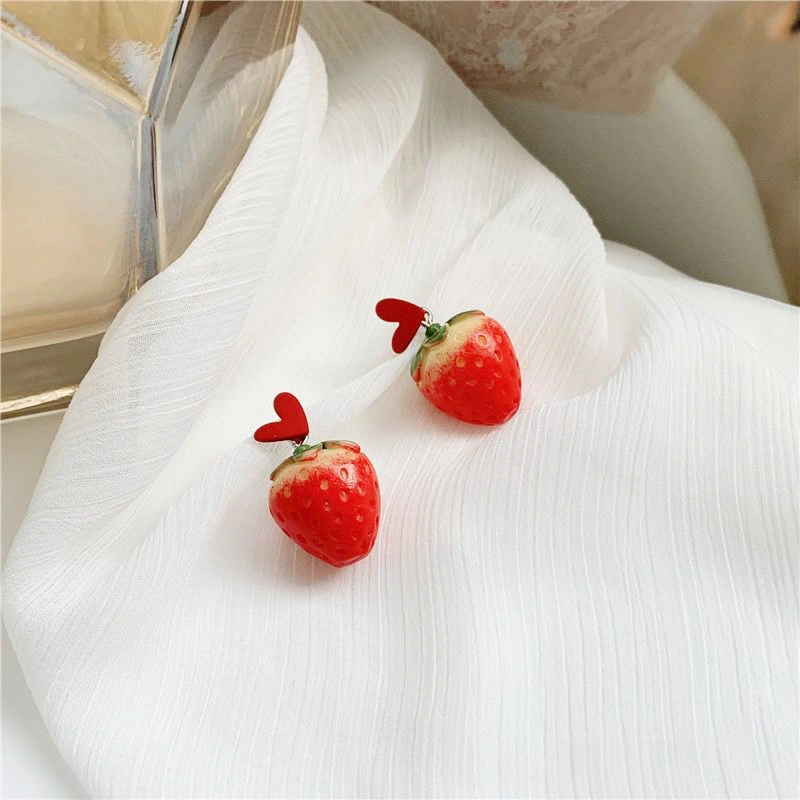 S925 Silver Needle Korea Cute Small Fresh Love Big Strawberry Earrings Net Red Trendy Girl Simple Fairy Earrings