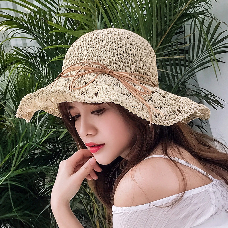 Korean New Style Foldable Raffia Straw Hat Women Handmade Crochet Raffia Straw Hat Hollow Sunscreen Sun Hat