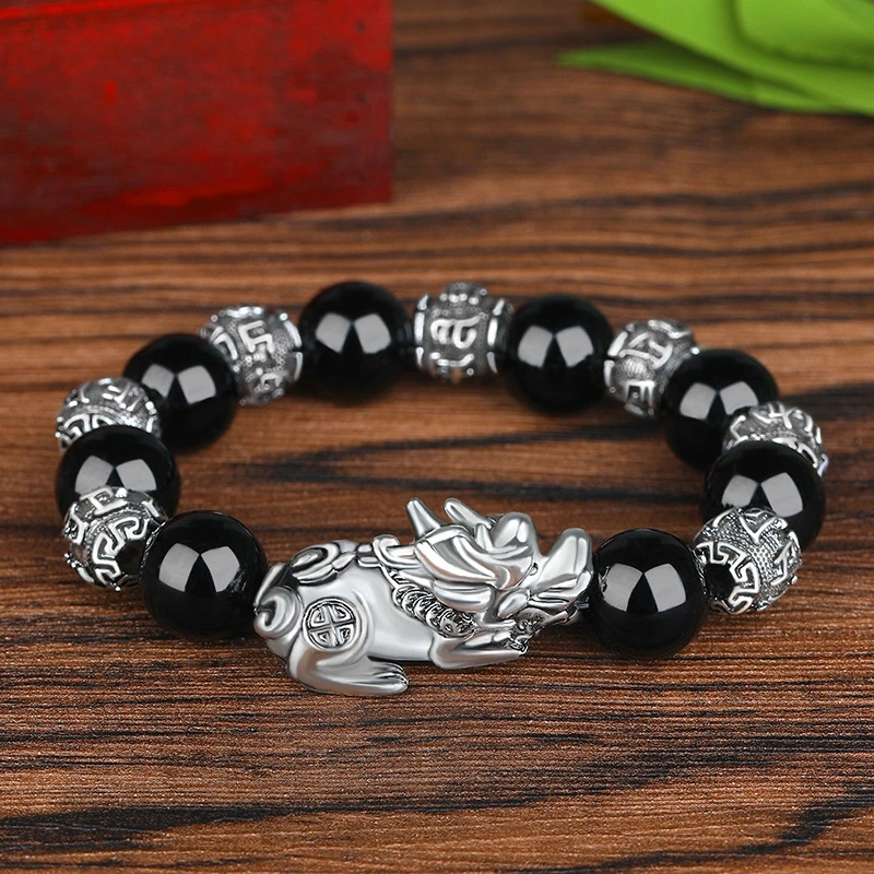 Bracelet Lucky Ancient Silver Obsidian Bead Bracelet