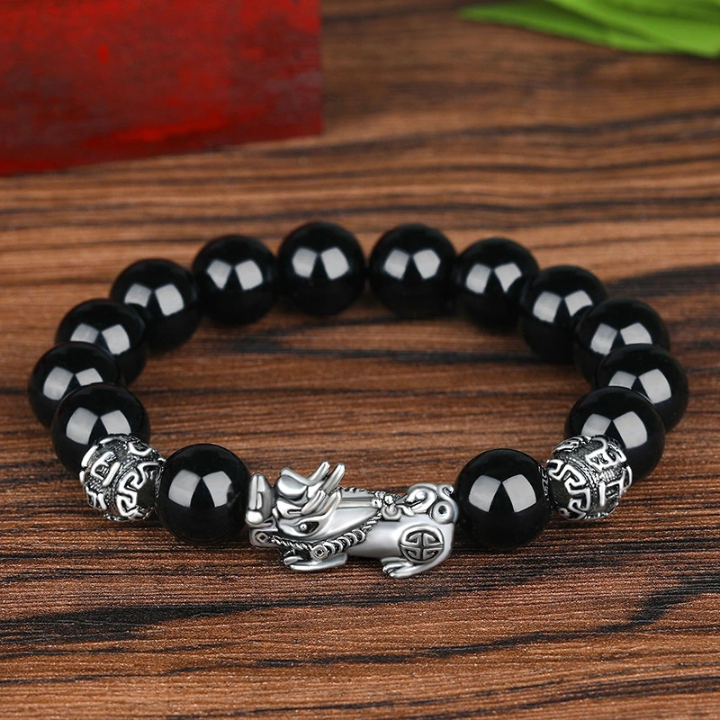 Bracelet Lucky Ancient Silver Obsidian Bead Bracelet