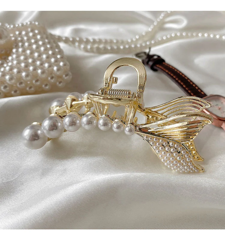 Metal Pearl Rhinestone Fishtail Small Clamp