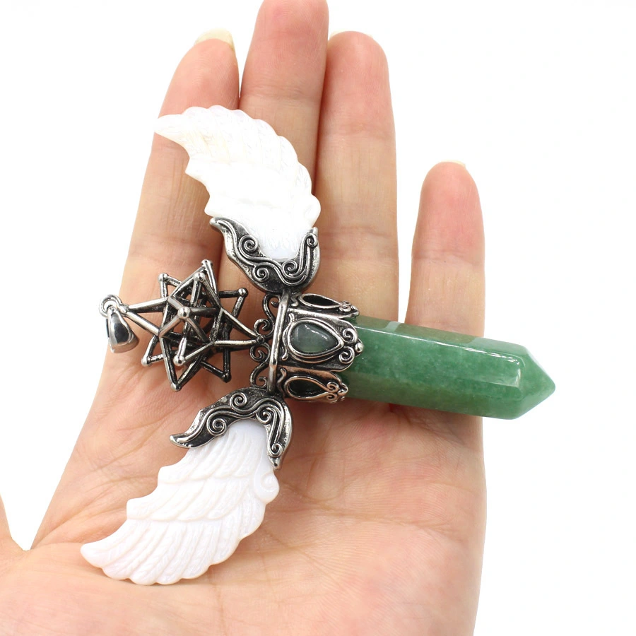 Natural Crystal Big Hexagonal Column Angel Wing Magic Tool Aura Pendant Ornaments Energy Scepter  