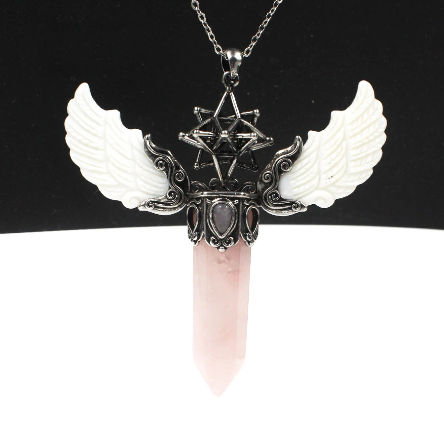 Natural Crystal Big Hexagonal Column Angel Wing Magic Tool Aura Pendant Ornaments Energy Scepter  