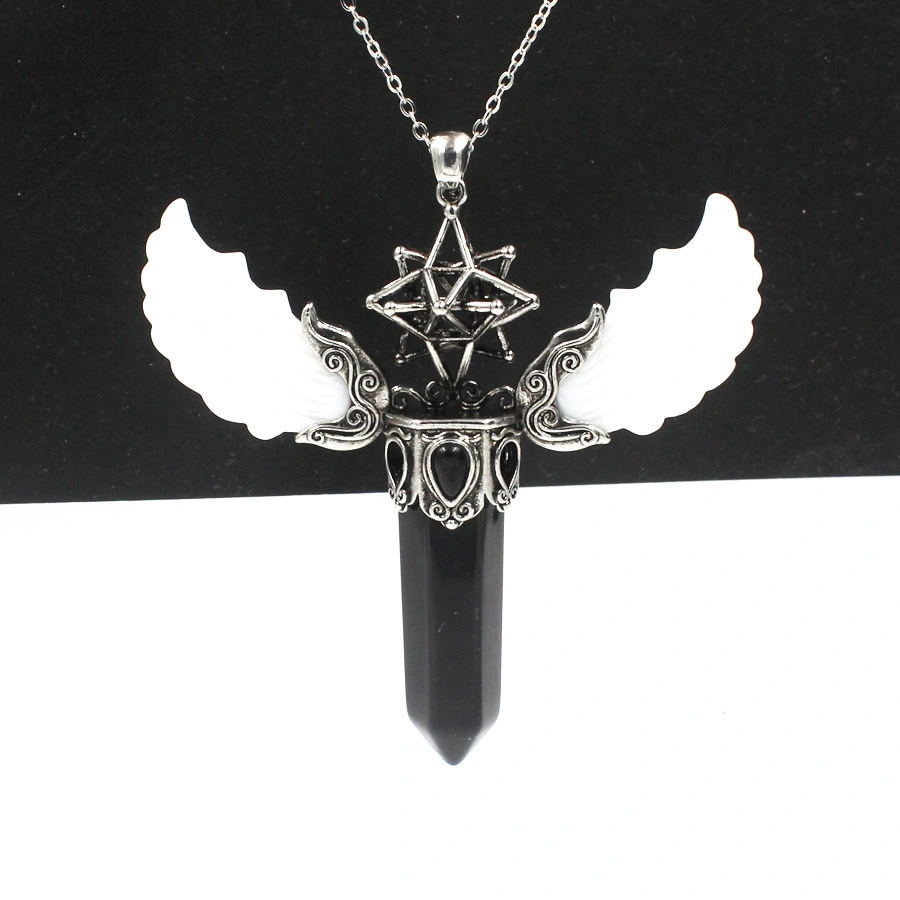 Natural Crystal Big Hexagonal Column Angel Wing Magic Tool Aura Pendant Ornaments Energy Scepter  