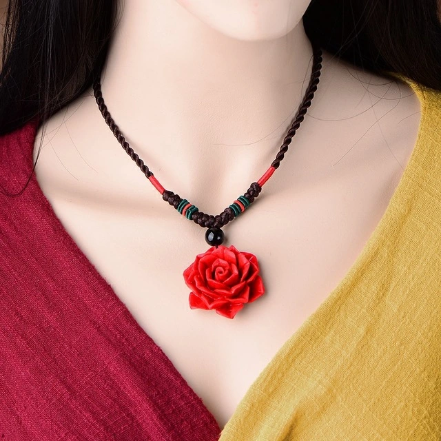 Red Flower Pendant Pendant Female Clothes Accessories Simple Ornaments Summer Ethnic Style Necklace Clavicle Chain