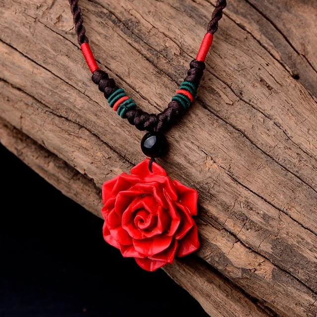 Red Flower Pendant Pendant Female Clothes Accessories Simple Ornaments Summer Ethnic Style Necklace Clavicle Chain