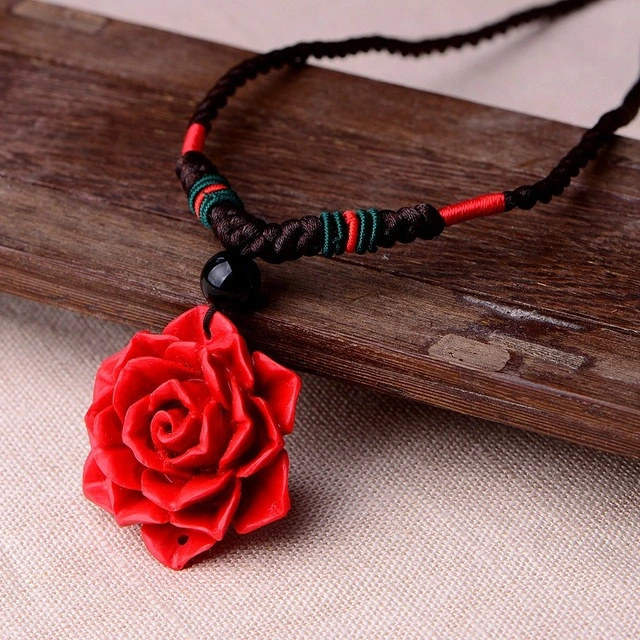 Red Flower Pendant Pendant Female Clothes Accessories Simple Ornaments Summer Ethnic Style Necklace Clavicle Chain
