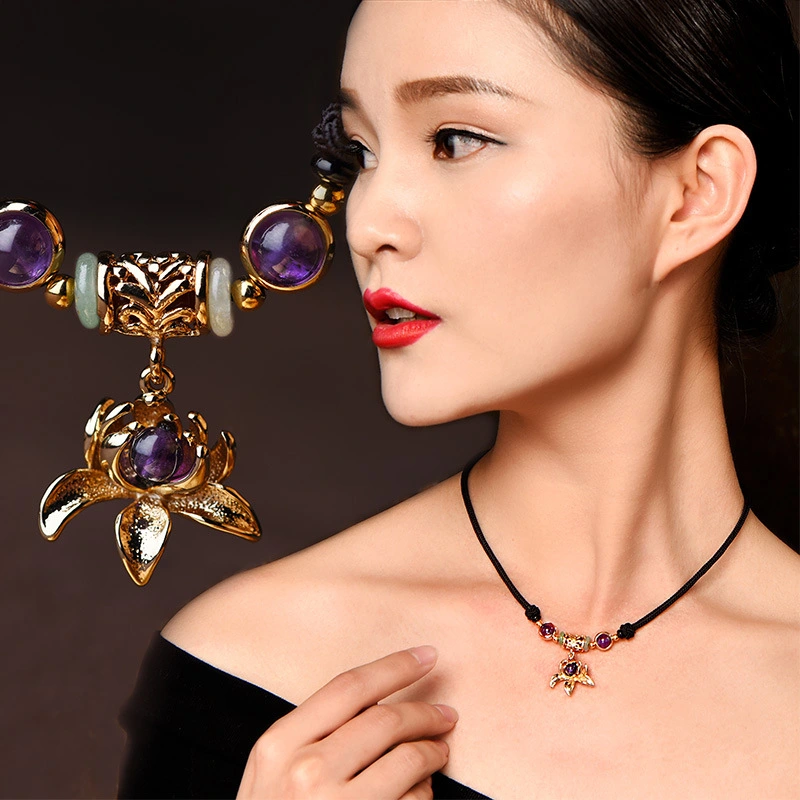 Ethnic Simplicity  Choker Amethyst Gold-plated Pendant Clavicle Chain 