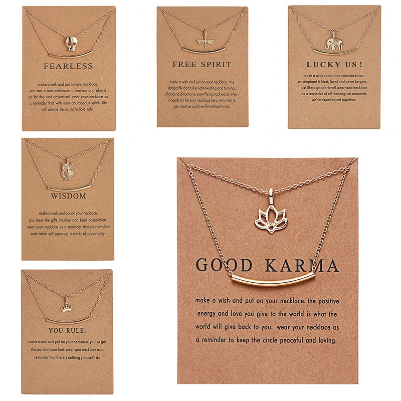 Paper Card Owl Elephant Animal Double Alloy Necklace