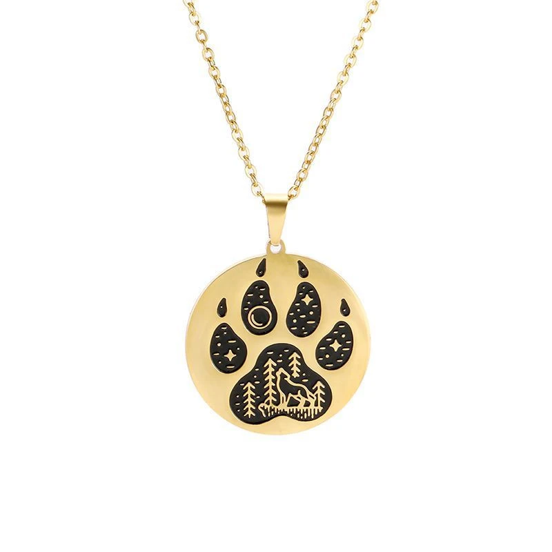 Animal Cat And Dog Foot Pendant Stainless Steel Round Brand Wolf Howling Men's Necklace