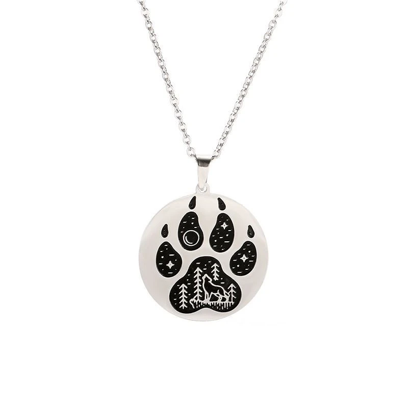 Animal Cat And Dog Foot Pendant Stainless Steel Round Brand Wolf Howling Men's Necklace