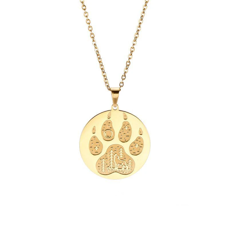 Animal Cat And Dog Foot Pendant Stainless Steel Round Brand Wolf Howling Men's Necklace