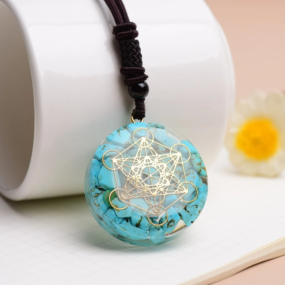 Metatron Cube Turquoise Ogan Pendant Melon Tower Cube Aura Protection Energy Pendant Necklace