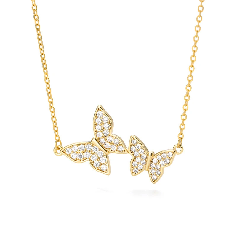 Trendy Two Butterfly Crystal Zircon Pendant Necklace For Women Stainless Steel Gold Chain Choker Fashion Jewelry Couple Girl Gif