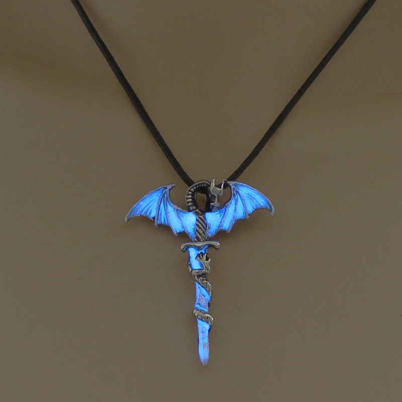 Pterodactyl Ancient Silver Sword Luminous Leather Cord Necklace