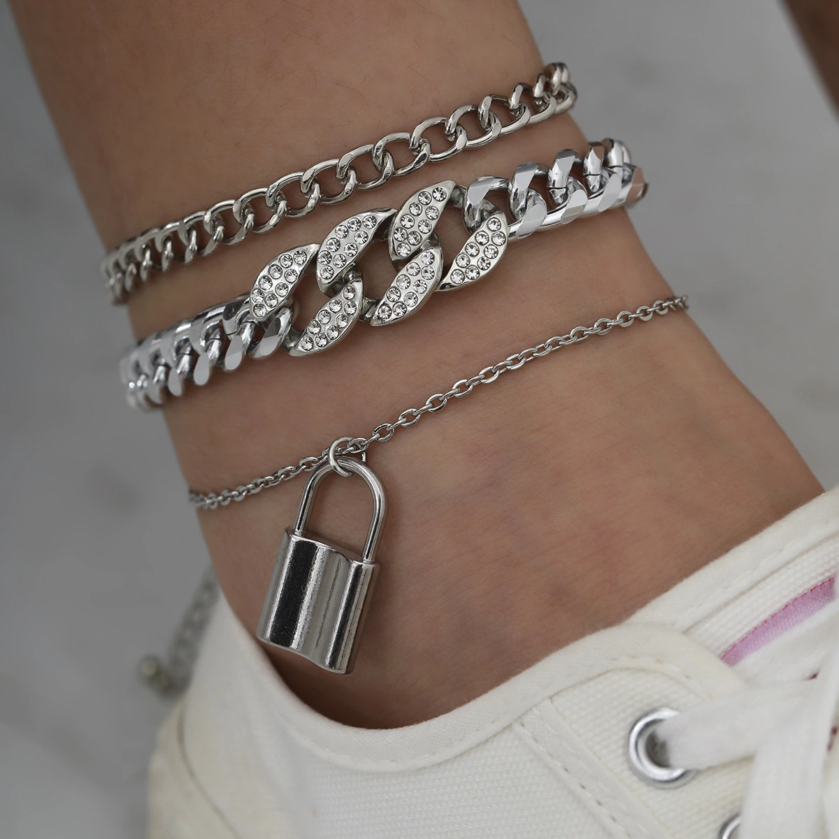 Retro Stacking Micro-Inlaid Fashion Footwear Female Personality Hip-Hop Cuban Chain Lock-Shaped Anklet