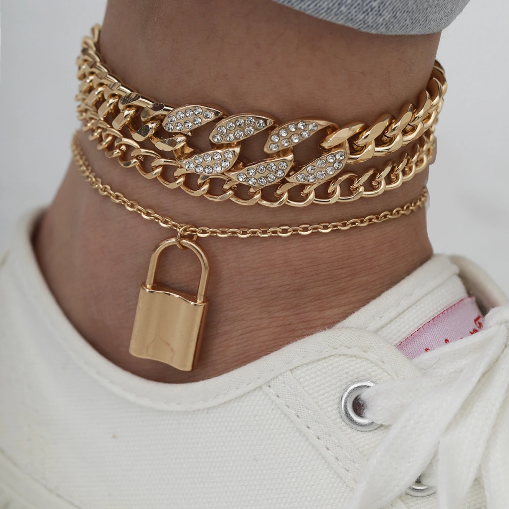 Retro Stacking Micro-Inlaid Fashion Footwear Female Personality Hip-Hop Cuban Chain Lock-Shaped Anklet