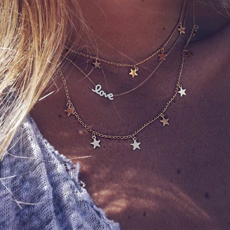 Bohemian Fashion Style Five-Pointed Star Love Letter Female Multi-Layer Necklace