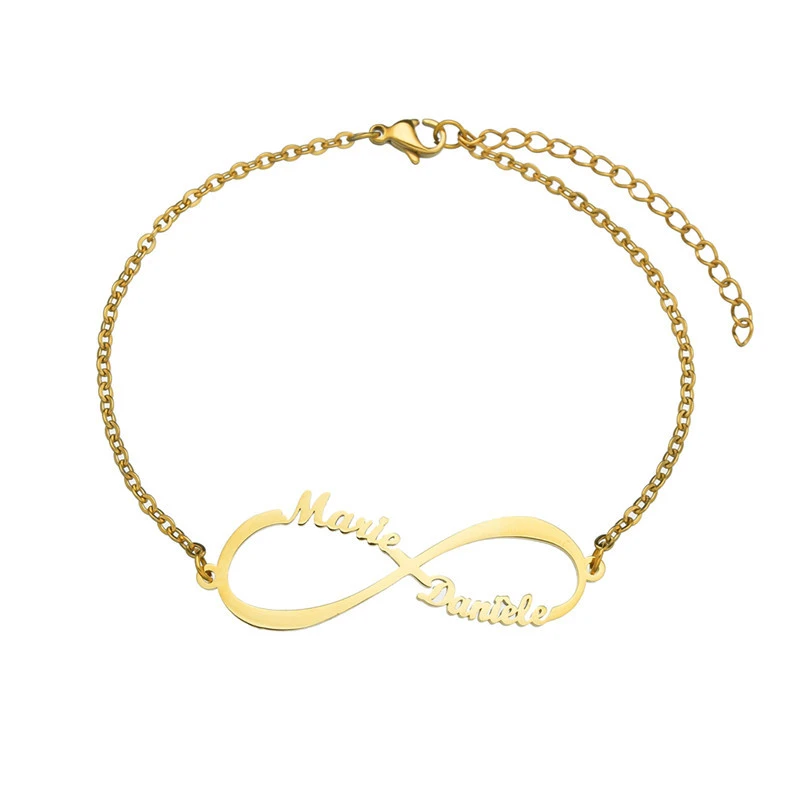 Personalized Jewelry Custom Double Name Date Infinity Bracelet Rose Gold Infinity Nameplate Bracelets Stainless Steel Hand Chain