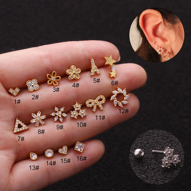 Flower Zircon Stainless Steel Screw Earrings