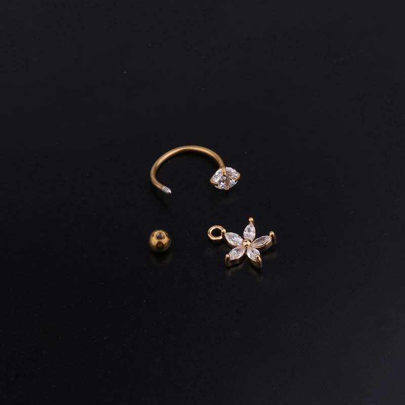 Stainless Steel C-ring Pierced Flower Zircon Pendant Earrings Creative Earrings