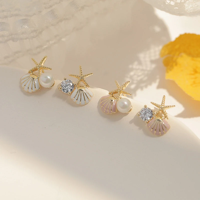 S925 Silver Needle Starfish Shell Pearl Earrings