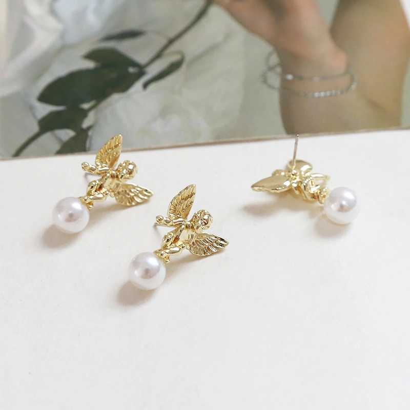 Retro Baroque angel wings pearl stud S925 silver DIY handmade earrings accessories