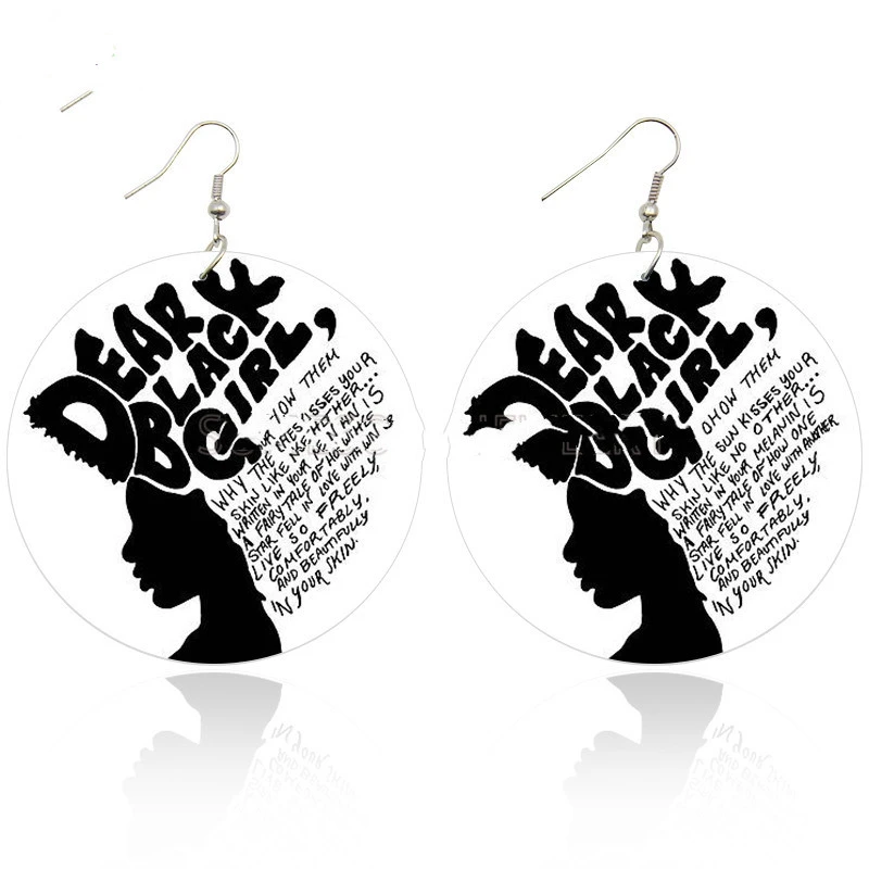 Exaggerated African Fashion Wooden Printed Earrings Whiteboard Black Letter Earrings Earrings Cross-border Jewelry