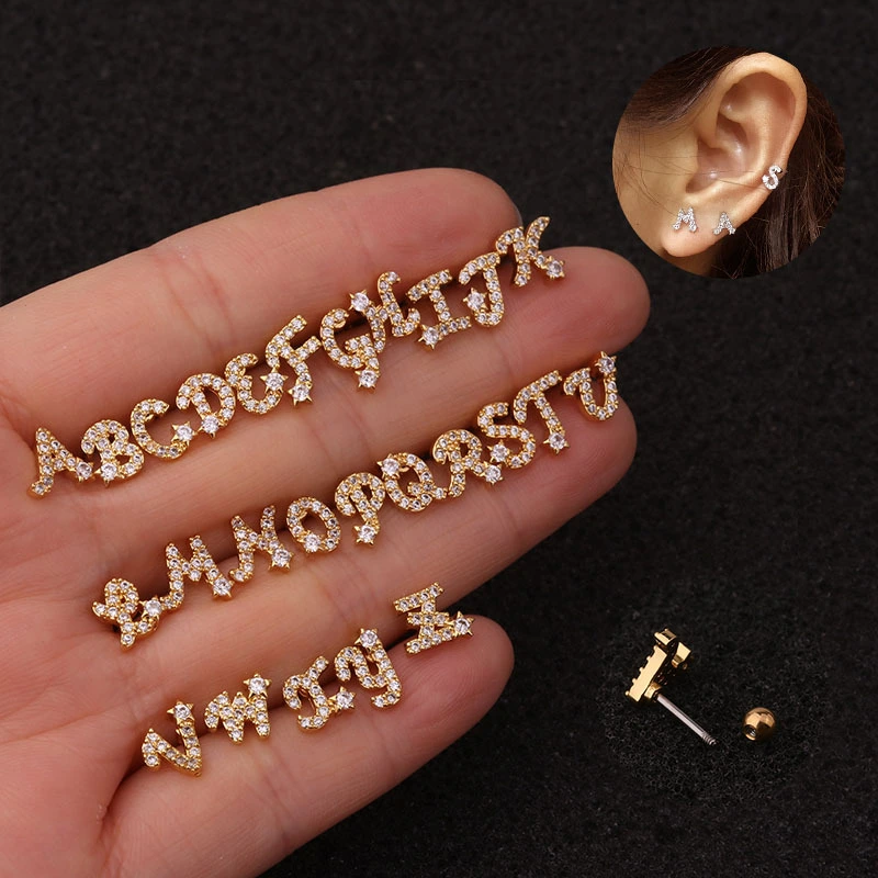 26 English Alphabet Earrings Micro-Inlaid Zircon Screw Earrings Female Stainless Steel Ear Bone Studs