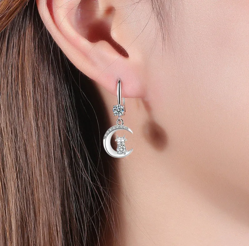 925 Silver Korean Women'S Diamond-Studded Zodiac Ox Mid-Length Earrings Personality Earrings Cross Border Explosion Earrings